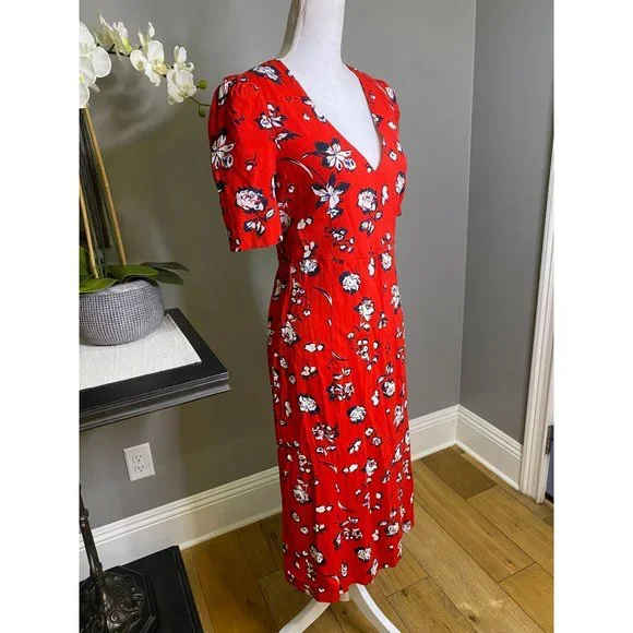 Veronica Beard Joia Red Multi Floral Print V-Neck Midi Dress Women's Size 2 - Picture 7 of 12